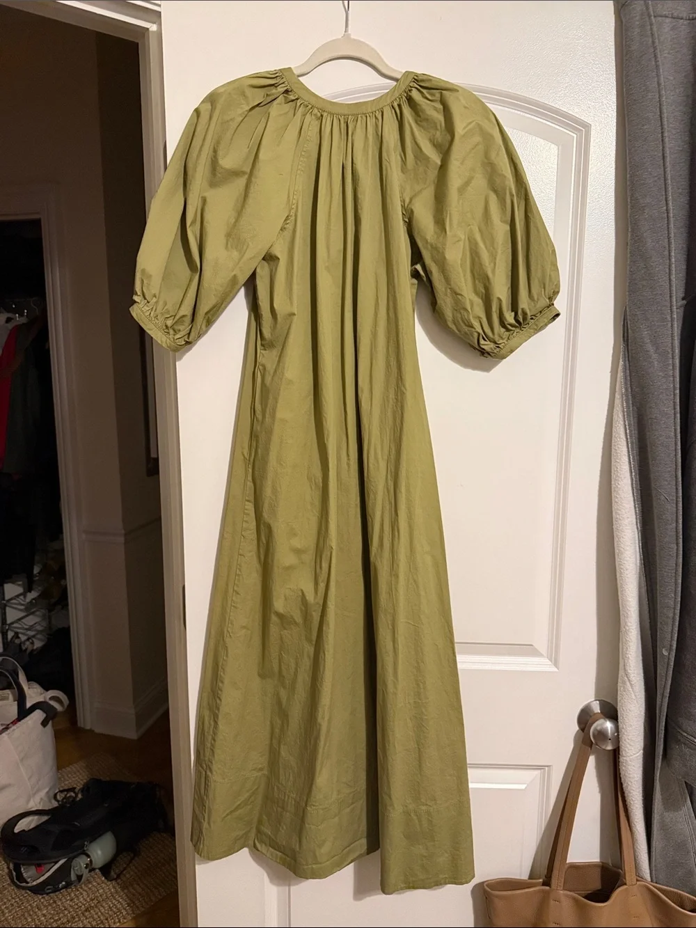 Staud Khaki Vincent Puff-Sleeve Button-Front Women’s Dress - Picture 6 of 6